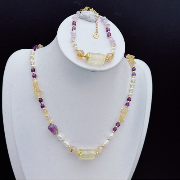 26X46 Handmade Freshwater Pearl Citrine Amethyst Necklace Bracelet Set - Picture 7 of 10